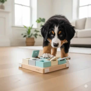 A Level 1 flip-and-slide dog brick puzzle designed for puppies to learn basic problem-solving skills.