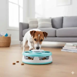 A Jack Russell Terrier using an entry-level Outward Hound puzzle toy to find hidden dog biscuits.