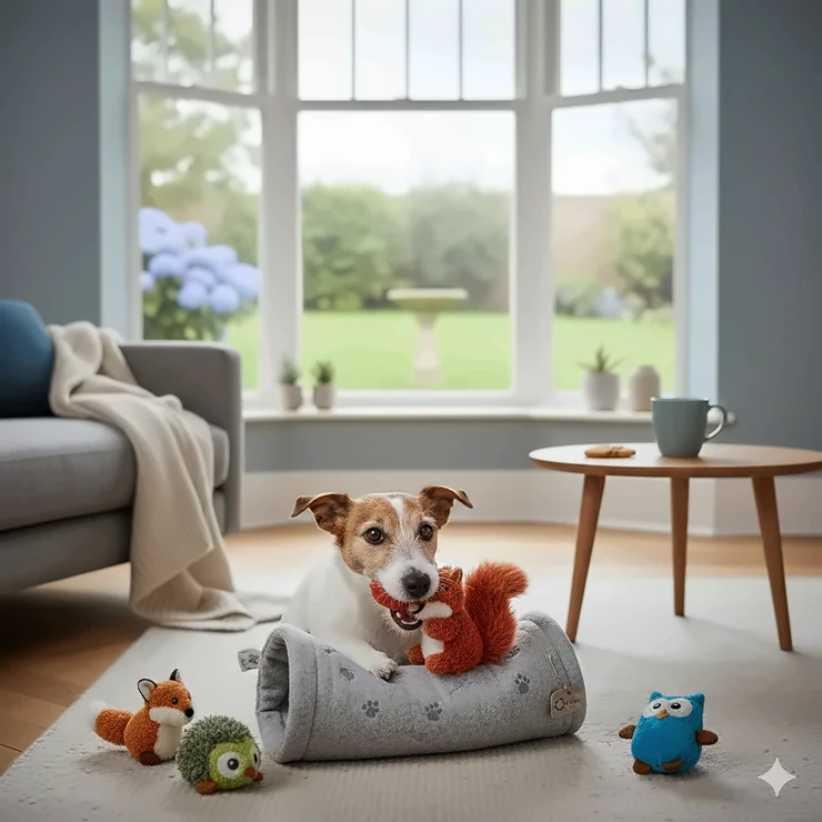 A Jack Russell Terrier happily pulling a plush squeaky toy out of a soft fabric burrow log in a modern British living room. burrow dog toys