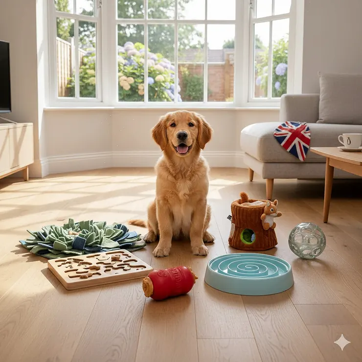 A variety of the best dog puzzle toys and enrichment games laid out on a wooden floor with a Golden Retriever puppy. best dog puzzle toys
