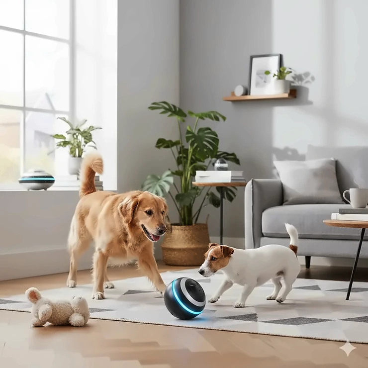 A professional 4K photo of a Golden Retriever and a Jack Russell Terrier playing with a glowing motion activated dog toy in a bright, modern British living room. motion activated dog toys