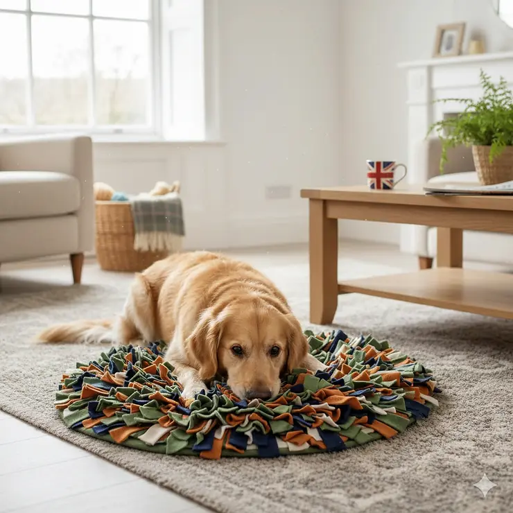 A photorealistic image of a Golden Retriever using a colourful snuffle mat in a bright, modern British living room with a Union Jack mug on the table. snuffle mat for dogs