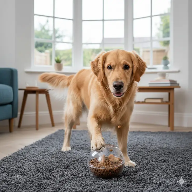 A Golden Retriever playing with a durable treat dispensing ball for dogs on a living room rug. treat dispensing ball for dogs