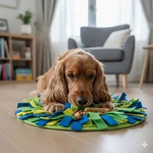 A relaxed Spaniel sniffing through a snuffle mat on a wooden floor, demonstrating the calming benefits of foraging for dogs.