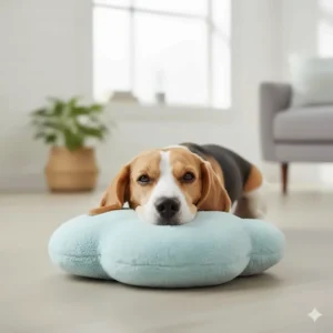 A dog resting calmly with its head on a soft burrow toy, showing the comforting nature of the plush material.