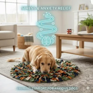 A calm dog using the mat with a soothing wave icon above, illustrating the stress and anxiety relief benefits of foraging behaviour.