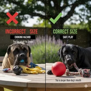 A size comparison guide showing the correct toy dimensions to prevent choking hazards in larger dog breeds.