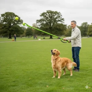 A long-handled manual ball launcher designed for throwing standard tennis balls for large dogs during a walk in a British park.