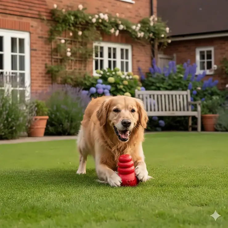 A happy Golden Retriever playing with a classic red Kong toy for dogs on a manicured British garden lawn with a brick house in the background. kong toys for dogs