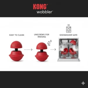 An icon-based illustration showing the Kong Wobbler is dishwasher safe for easy cleaning.