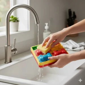 A person washing a Nina Ottosson plastic dog puzzle in a kitchen sink with warm soapy water to demonstrate easy cleaning and maintenance.