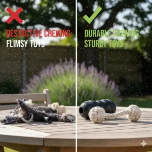 A side-by-side comparison showing a shredded plush toy versus a reinforced, heavy-duty ballistic nylon dog toy.