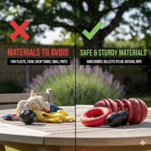 An informative graphic highlighting unsafe toy materials like thin plastic and foam that pose a risk to destructive dogs.
