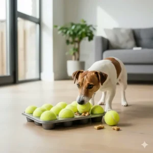 An illustration showing how to use a muffin tin and tennis balls as a simple DIY dog puzzle toy.