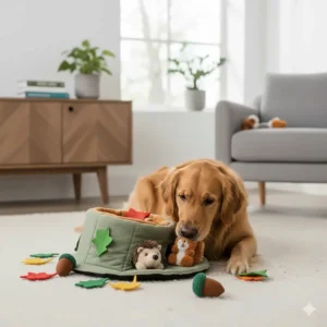An illustration showing how burrow dog toys provide cognitive challenges for bored dogs at home.