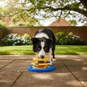 A Border Collie playing with a Nina Ottosson enrichment toy on a patio in a UK garden to help prevent boredom and destructive behaviour.
