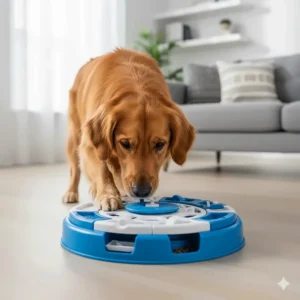 A Golden Retriever engaged with an interactive Outward Hound puzzle toy for mental stimulation in a bright living room.