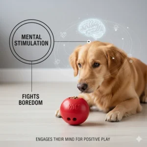 A diagram highlighting the mental enrichment benefits of the Kong Wobbler for bored dogs.