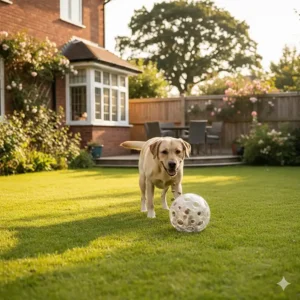A Labrador playing with a rolling treat ball on a green lawn in a UK garden during a sunny afternoon.