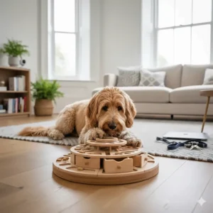 A calm dog playing with an advanced puzzle toy to help manage separation anxiety while the owner is out.