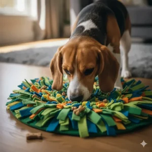 Close-up of a Beagle using a colourful felt snuffle mat to find hidden treats, a popular dog puzzle toy for mental stimulation.