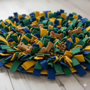 Close-up of a high-quality fabric snuffle mat with dog biscuits hidden between the felt layers for sensory foraging.