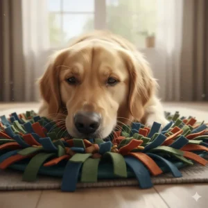 Close-up of a dog’s nose foraging through green and orange felt strips for kibble, highlighting natural enrichment and canine nose work.