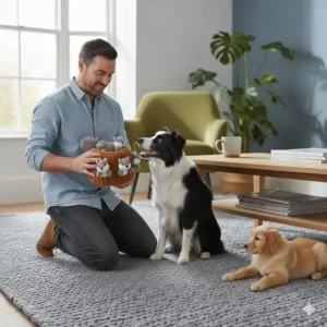A dog owner using the hide a squirrel dog toy as a reward during a training session at home.