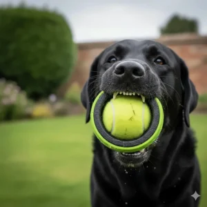 A close-up of a heavy-duty ball launcher head, engineered to withstand the strength of large UK dog breeds like Labradors and Retrievers.
