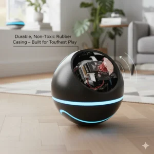 Close-up 4K detail of the durable, high-quality materials of a motion activated dog toy, showing its sturdy construction for enthusiastic chewers.