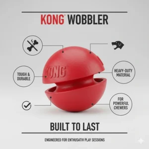 An illustration depicting the heavy-duty polymer material of the Kong Wobbler, built for enthusiastic play.