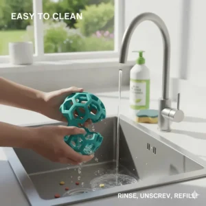 Illustration showing the treat dispensing ball for dogs being unscrewed for easy cleaning in a kitchen sink.