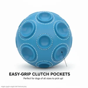 Illustration highlighting the six unique clutch pockets on the wiggle giggle ball that allow dogs of all sizes to pick it up easily.
