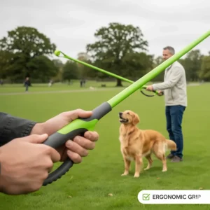 A manual ball launcher with an ergonomic grip designed to prevent wrist strain while playing fetch with large, active dogs.