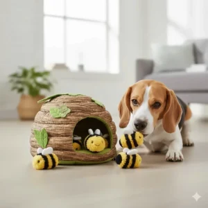 A British garden-themed burrow toy featuring plush bees and a beehive base.