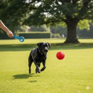 A durable rubber ball and high-quality launcher set being used for exercise in a typical British park.