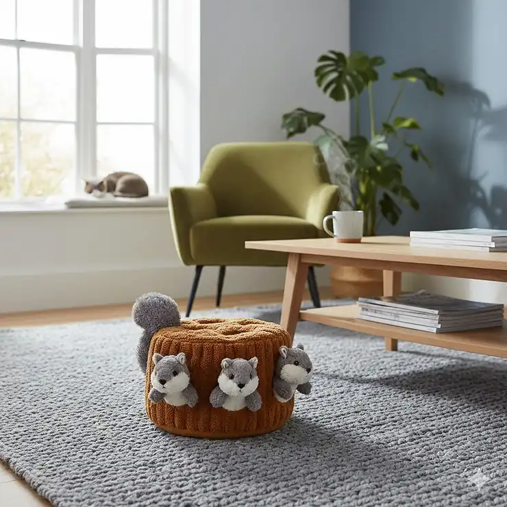 A plush hide a squirrel dog toy with three soft squirrels tucked inside a tree trunk base on a living room rug. hide a squirrel dog toy