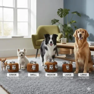 Size guide for the hide a squirrel dog toy range, from junior to large sizes for different breeds.