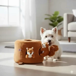 A plush tree trunk hide-and-seek toy with squeaky squirrels, an ideal soft puzzle toy for small British dog breeds.