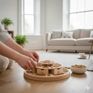 Close up of a person hiding healthy dog treats inside the hidden compartments of an advanced puzzle toy.