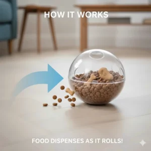 Diagram showing how dog treats fall out of the treat dispensing ball for dogs as it rolls.