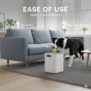 A step-by-step guide showing a dog dropping a ball into the hopper of an indoor automatic ball launcher.