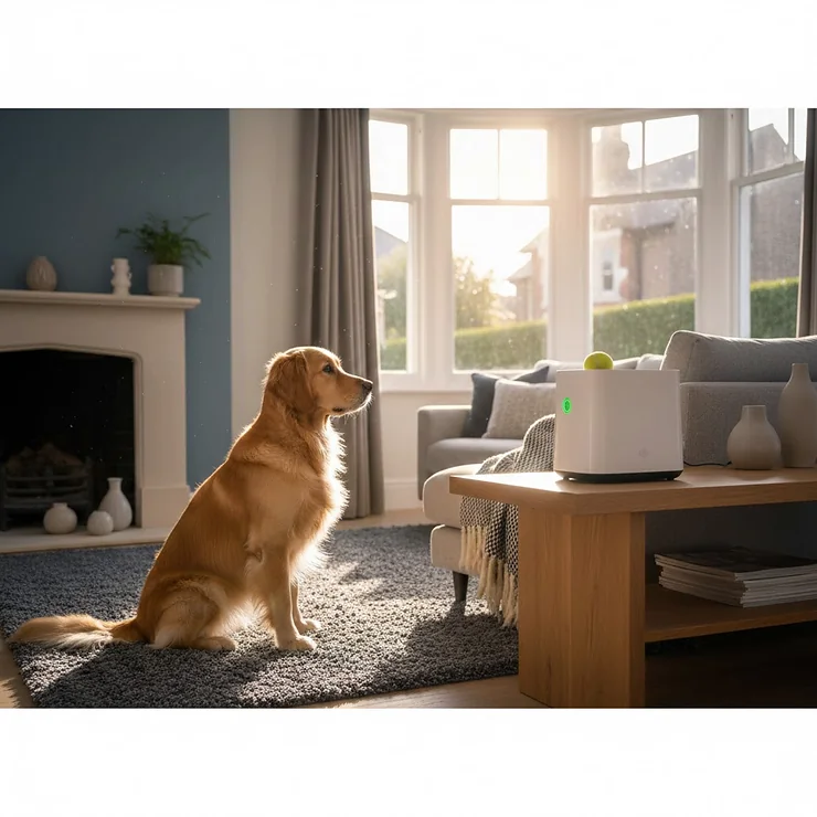 A Golden Retriever waiting for an indoor automatic ball launcher to trigger in a modern British living room with wooden floors. indoor automatic ball launcher