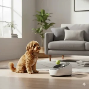 A small dog waiting for a ball to launch from an automatic device inside a British living room.