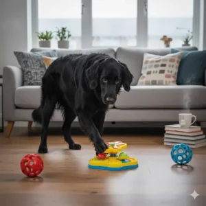 A Flat-coated Retriever playing with Outward Hound puzzle toys indoors during a rainy British day to prevent boredom.