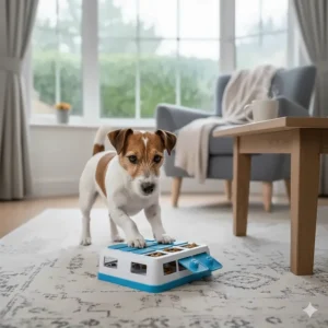 A Jack Russell Terrier engaged with a puzzle toy on a rug in a modern UK home during a rainy day.
