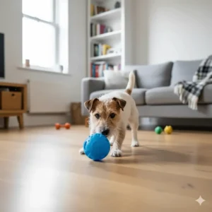 A small terrier nudging a wiggle giggle ball across a wooden floor in a modern, clean British living room.