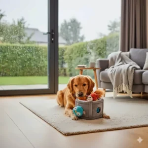 A dog playing with a burrow toy indoors while it rains outside, highlighting its use as a perfect indoor energy burner.