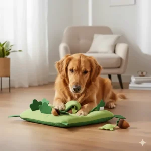 A golden retriever using its nose to find hidden toys inside a plush base, promoting mental stimulation.