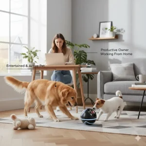 A photorealistic scene of dogs engaging with a motion-sensor toy, demonstrating how it prevents boredom during indoor play in a UK home.